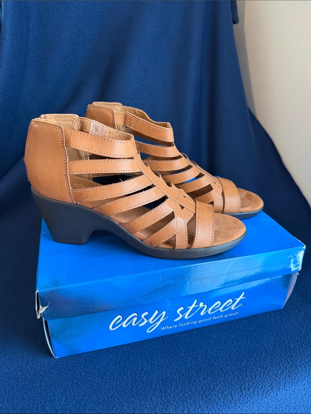 easy street Tan Strappy Cage Sandal with Low Block Heel